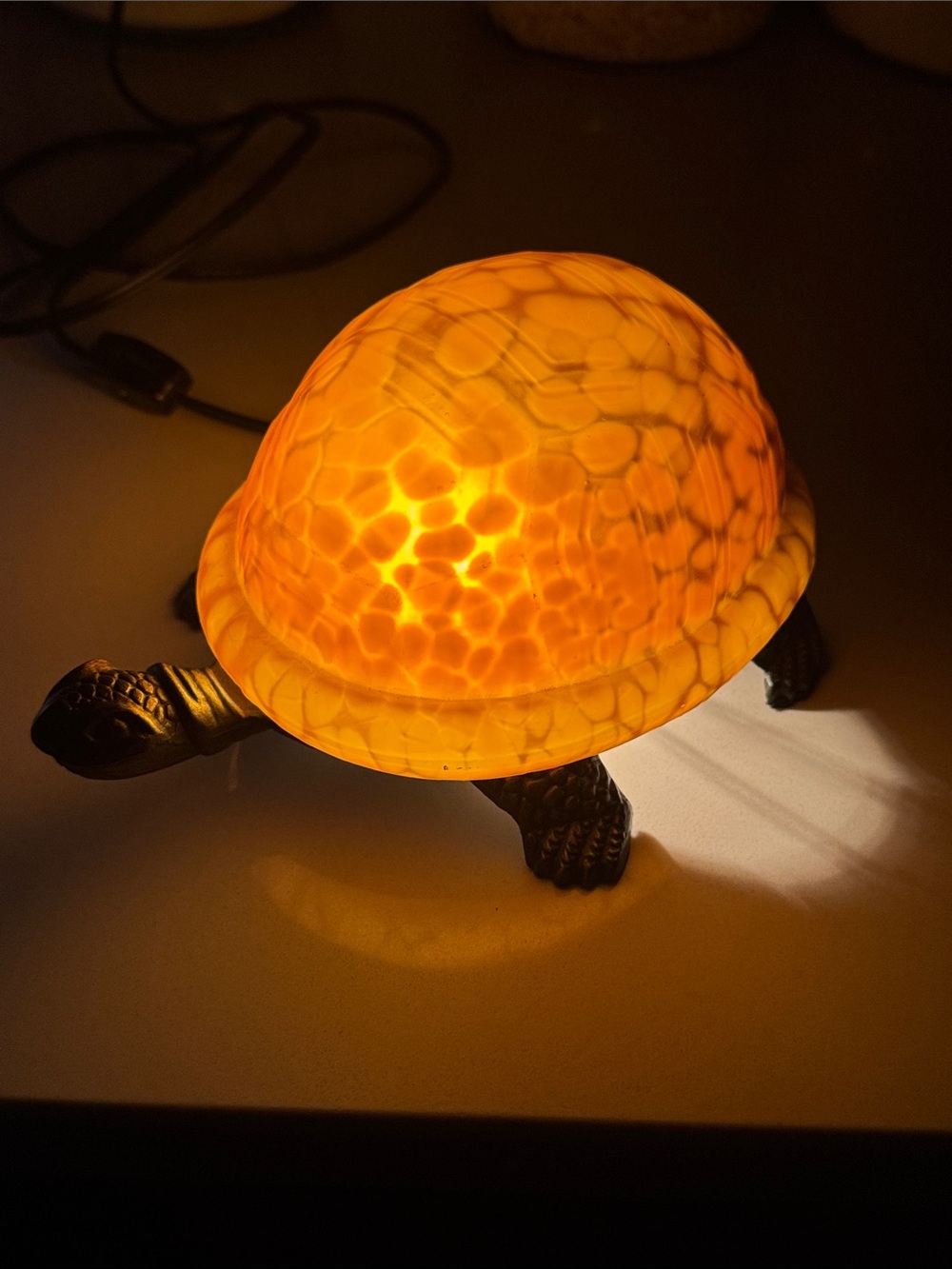 Vintage Tiffany style Turtle Table Lamp with Amber-Mottled Glass Shell